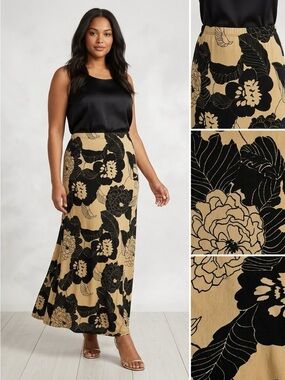 Vintage Olivia Page Stretchy Maxi Skirt Black Gold Floral Plus Size XL size